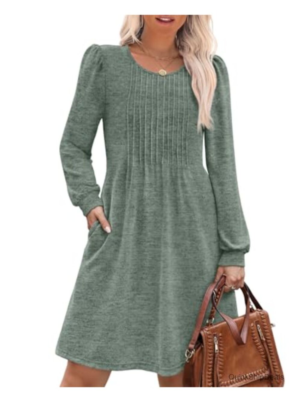 Women's Long Sleeve Pleated Babydoll Sweater Dress with Pockets - Soft Knit